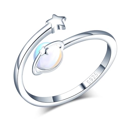 VIKILEE Damen Ringe S925 Sterling Silber Ringe Mondstein Einstellung Planeten und Sterne Verzierungen Einstellbare Größe Geschenk für Freundin Jahrestag Hochzeit Ringe von VIKILEE