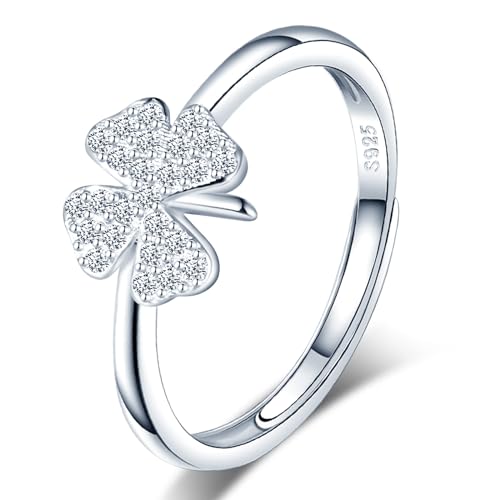 VIKILEE Damen Ringe S925 Sterling Silber Ringe mit Klee & Zirkonia Einstellbare Größe für Freundin Jahrestag Valentinstag von VIKILEE