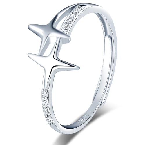 VIKILEE Damen Ringe S925 Sterling Silber Ringe mit Kreuz und Stern Verschönerung Einstellbare Größe Geschenk für Freundin Jahrestag Valentinstag von VIKILEE