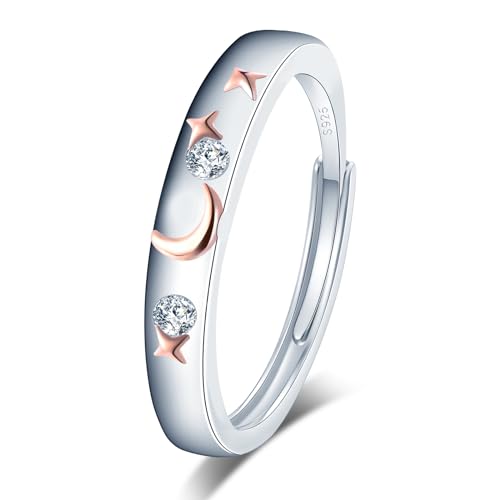 VIKILEE Damen S925 Sterling Silber Ring Mit Stern Und Mond Motiv - Cubic Zirkon Steinfassung, Einstellbare Größe Für Freundin, Jahrestag, Hochzeit von VIKILEE