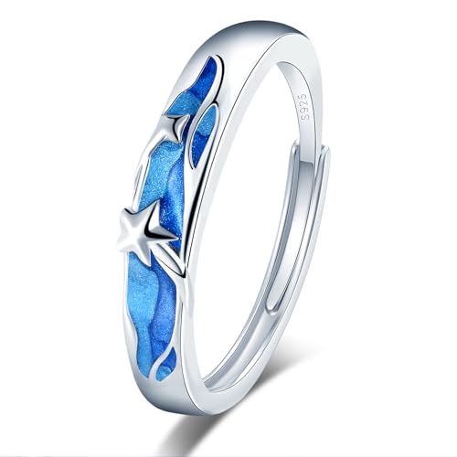 VIKILEE Damen Ringe S925 Sterling Silber Ringe mit Sternen und blauen Meer Wellen Inlay Einstellbare Größe Geschenk für Freundin Jahrestag Hochzeit Ringe von VIKILEE