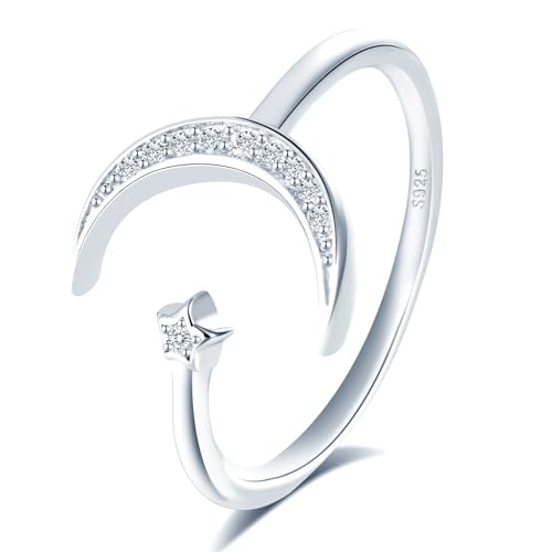 VIKILEE Damen Ringe Sterling Silber S925 Ringe Cubic Zirkon Sterne Mond Ringe Einstellbare Größe Für Freundin Verlobte VerlobungsRinge von VIKILEE