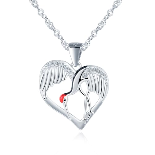 VIKILEE Herz Kranich Halskette mit Zirkonia,Damen Kette Silber 925 mit Anhänger,Silber Liebe Tier Halsketten für Mädchen Frauen,Niedliche und Ästhetik Modeschmuck für Tochter Mama Frau Freundin von VIKILEE