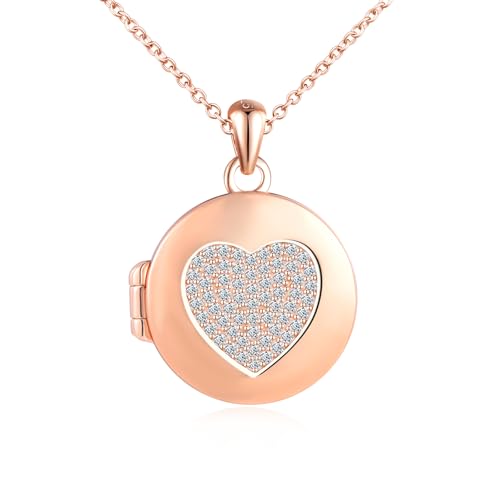 VIKILEE Zirkon Herz Foto Kette Silber 925 mit Bild: Halskette Damen Mädchen Medaillon zum Öffnen für Bilder-Round Anhänger Ketten Amulett Schmuck-Geschenk für Frauen Mama Freundin Tochter Roségold von VIKILEE