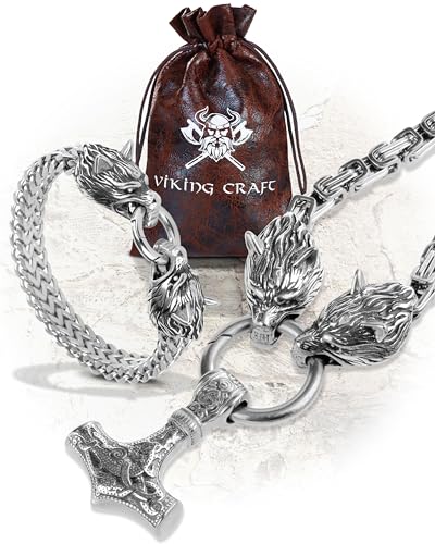 VIKING CRAFT 60cm Halskette Herren + 21cm Armband aus Edelstahl - Thor+ Fenrir Set Wikinger Schmuck Kette u. Armreif - Wikinger Deko, Wikinger Kette, Wikinger Geschenke für Männer Schmuck LARP VIKING CRAFT 60cm Halskette Herren + 21cm Armband aus Edelstahl - Thor+ Fenrir Set Wikinger Schmuck Kette u. Armreif - Wikinger Deko, Wikinger Kette, Wikinger Geschenke für Männer Schmuck LARP von VIKING CRAFT