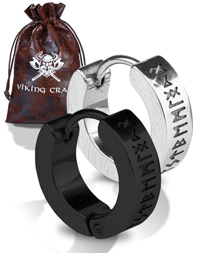 VIKING CRAFT Wikinger Ohrringe Männer Edelstahl - 1,4cm Herren Ohrringe schwarz-silber mit Runen - Wikinger Schmuck, Wikinger Deko, Keltische Ohrringe Earring, Vikings Fanartikel, Wikinger Geschenke von VIKING CRAFT