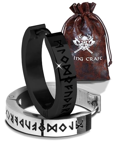 VIKING CRAFT Wikinger Ohrringe für Männer - 2,0cm Edelstahl Herren Schmuck Schwarz-Silber mit Runen - Keltische Earrings, Vikings Fanartikel, Wikinger Geschenke von VIKING CRAFT