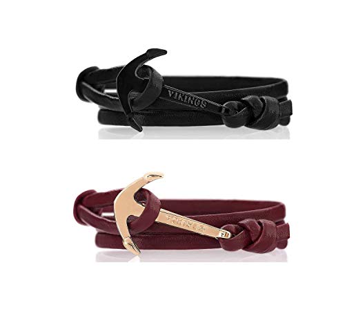 VIKINGS Anker Pärchen Armband 2er Set Leder Schwarz Bordeauxrot, Leder Black - Bordeaux:Schwarz - Schwarz/Bordeaux - Gold von VIKINGS