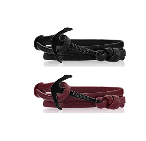 VIKINGS Anker Pärchen Armband 2er Set Leder Schwarz Bordeauxrot, Leder Black - Bordeaux:Schwarz - Schwarz/Bordeaux - Schwarz von VIKINGS