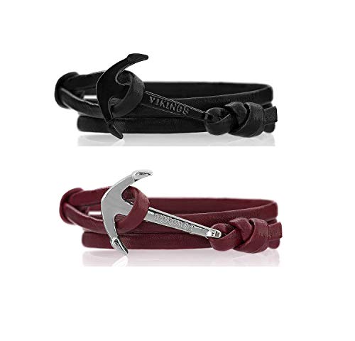 VIKINGS Anker Pärchen Armband 2er Set Leder Schwarz Bordeauxrot, Leder Black - Bordeaux:Schwarz - Schwarz/Bordeaux - Silber von VIKINGS