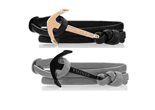 VIKINGS Anker Pärchen Armband 2er Set Leder Schwarz Grau, Leder Black Grey:Schwarz - Gold/Grau - Schwarz von VIKINGS
