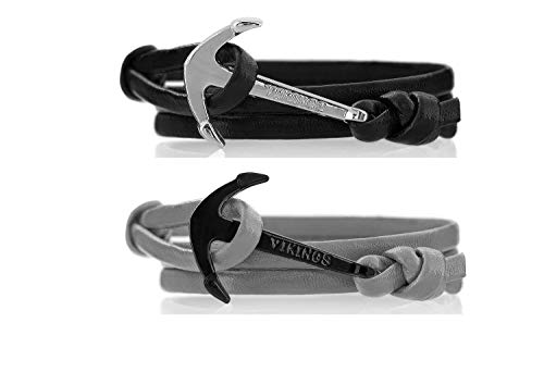 VIKINGS Anker Pärchen Armband 2er Set Leder Schwarz Grau, Leder Black Grey:Schwarz - Silber/Grau - Schwarz von VIKINGS