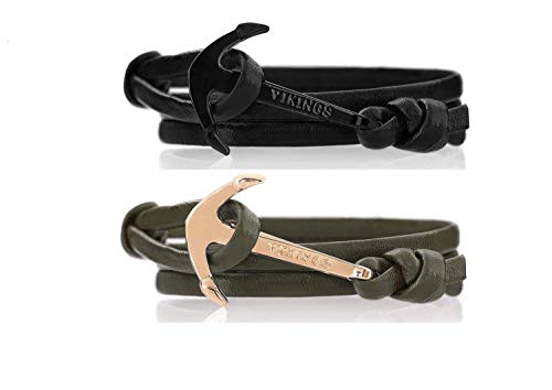 VIKINGS Anker Pärchen Armband 2er Set Leder Schwarz Olivgrün, Anker Leder Schwarz Olivgrün:Schwarz - Schwarz/Olivgrün - Gold von VIKINGS