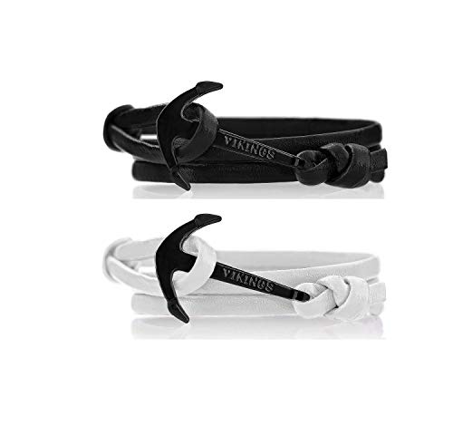VIKINGS Anker Pärchen Armband 2er Set Leder Schwarz Weiss, Leder Black - White:Schwarz - Schwarz/Weiss - Schwarz von VIKINGS