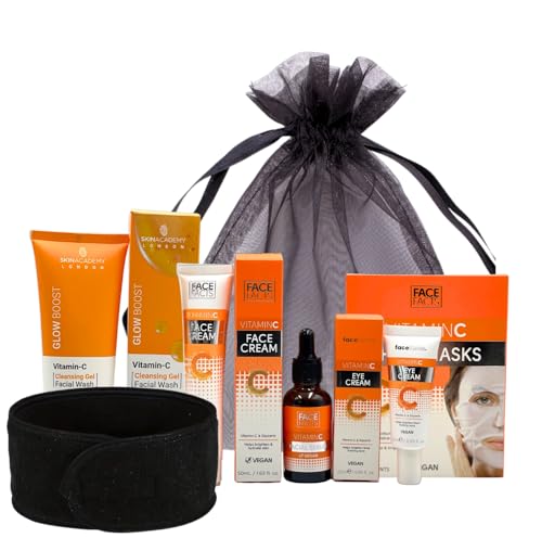 Vitamin C Hautpflege Set für Frauen - Gesichtsreiniger, Serum, Creme, Augencreme & Tuchmasken - Anti-Aging Gesichtspflege Geschenkset von VIKINGTREAT