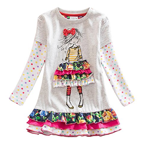 Neat Mädchen Blumen Langarm Baumwolle Kleid, 7-8 Jahre=122cm-128cm, LH3660Gray 8T von VIKITA