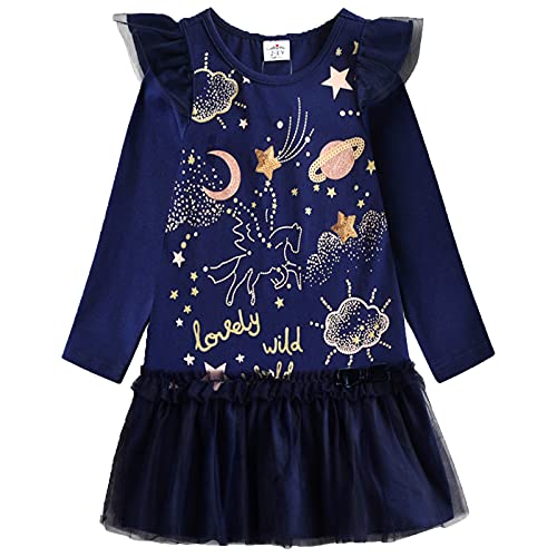 VIKITA Mädchen Baumwolle Cartoon Blumen Langarm Kleid EINWEG Lh6999 3-4 Jahre(104cm) von VIKITA