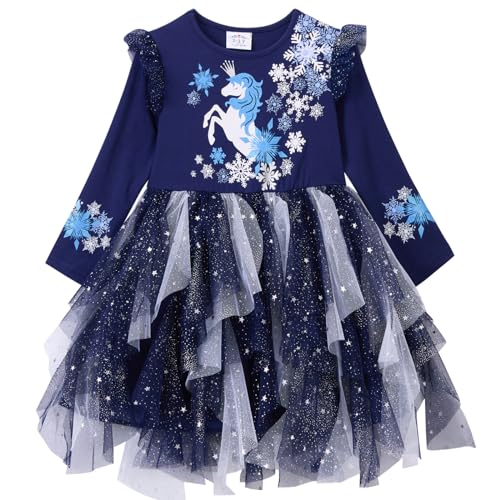 VIKITA Mädchen Kleider Einhorn Kleid Langarm Prinzessin Tüll Party Festlich Kleid LH2302 12T von VIKITA