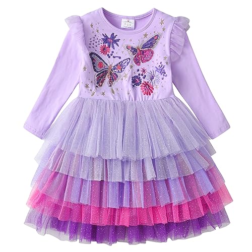 VIKITA Mädchen Kleider Einhorn Kleid Langarm Prinzessin Tüll Party Festlich Kleid LH2308 7T von VIKITA