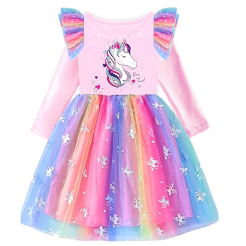 VIKITA Mädchen Kleider Einhorn Kleid Langarm Prinzessin Tüll Party Festlich Kleid LH4871 4T von VIKITA