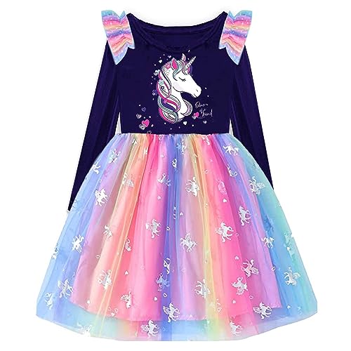 VIKITA Mädchen Kleider Einhorn Kleid Langarm Prinzessin Tüll Party Festlich Kleid LH4872 10T von VIKITA