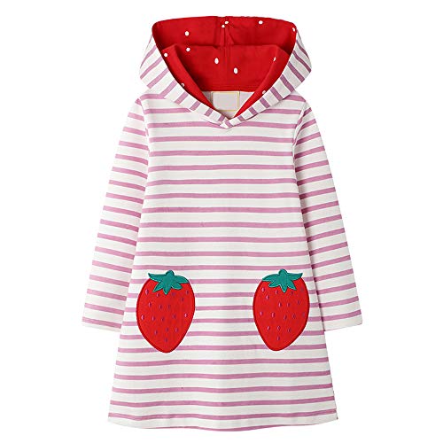 VIKITA Mädchen Kleider Streifen Langarm Baumwolle Herbst Winter T-Shirt Kleid Erdbeere7176, 5-6 Jahre (116cm) von VIKITA