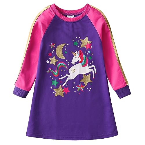 VIKITA Mädchen Kleider Streifen Langarm Baumwolle Herbst Winter T-Shirt Kleid LH7604, 7-8 Jahre (128cm) von VIKITA
