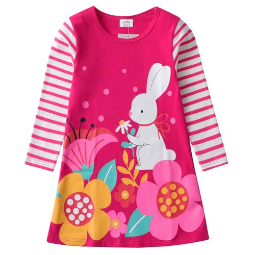 VIKITA Mädchen Kleider Streifen Langarm Baumwolle Herbst Winter T-Shirt Kleid LH7612, 3-4 Jahre (104cm) von VIKITA