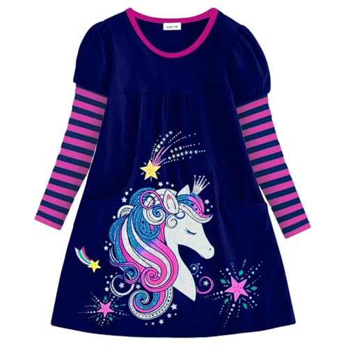 VIKITA Mädchen Polyester Cartoon Blumen Langarm Kleid EINWEG Lh4310 4-5 Jahre(110cm) von VIKITA
