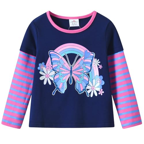 VIKITA Mädchen T-Shirt Tierdrucke Streifen Langarm Casual Top L3117Blau 7-8Jahre von VIKITA