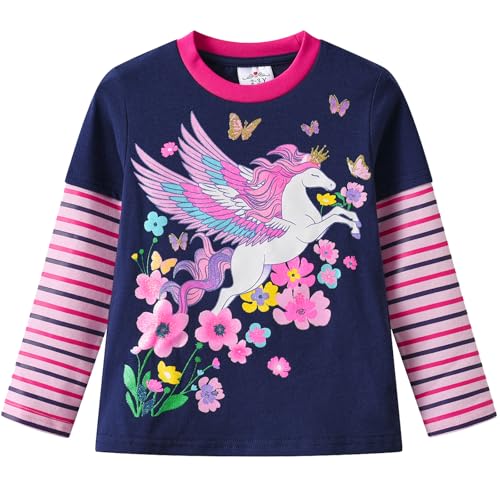 VIKITA Mädchen T-Shirt Tierdrucke Streifen Langarm Casual Top L3126Blau 9-10Jahre von VIKITA