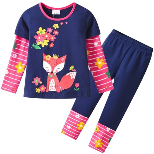 VIKTIA Mädchen Bekleidungsset Kinder Outfit Baumwoll Langarm Winter 2 Stück Top+Hosen Set L3667+F5567 7T von VIKITA