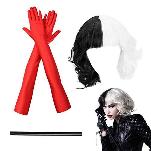 VIKSAUN 3 Stück Cruella Kostüm Kurze Schwarze und Weiße Perücke mit Rote Handschuhen und Halterung 70er Jahre Accessoires Halloween Kostüm Damen Set Mode Retro Kostüm Flapper Zubehör Set (3 Stück) von VIKSAUN
