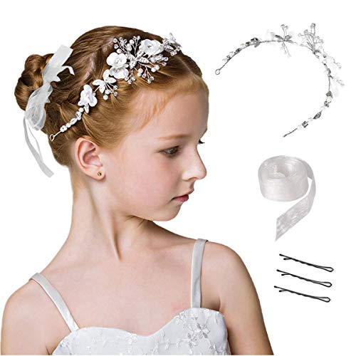 VIKSAUN Haarschmuck Prinzessin Weiße Blume Kopfschmuck Perlenhaar Kleid Kristall Braut Hochzeit Blumenbraut-Haarschmuck für Frauen und Mädchen(White) von VIKSAUN