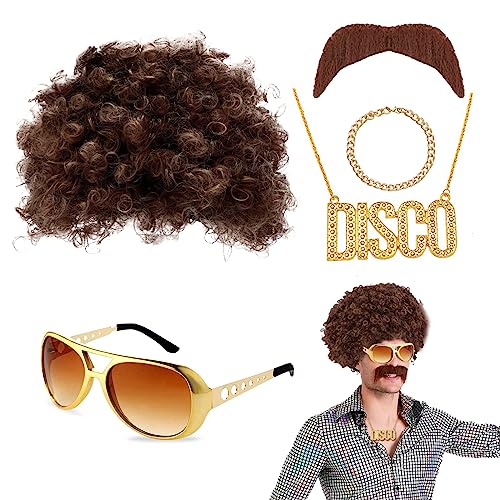 VIKSAUN Hippie Kostüm Set Hippie Accessoires, Afro Perücke, Hippie Perücke Herren, 70er 80er Jahre Perücke Disco Hippie Kostüm Set, für 50s 60s 70s Cosplay Halloween Kostüm Thema Party (5 Pcs) von VIKSAUN