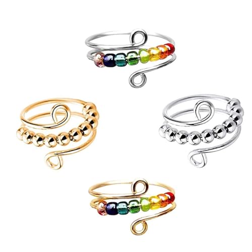 VIKY 4 Stück Verstellbare Anti Stress Ring, Linderung von Ängsten Anxiety Ring Bunte, Angst Spinning Ringe mit Perlen,Offene Fidget Rings, Antistress Ringe Stressringe für Mädchen und Frauen von VIKY