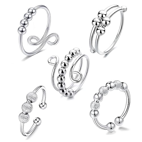 VIKY 5 Stück Verstellbare Anti Stress Ring, Linderung von Ängsten Anxiety Ring Bunte, Angst Spinning Ringe mit Perlen,Offene Fidget Rings, Antistress Ringe Stressringe für Mädchen und Frauen von VIKY