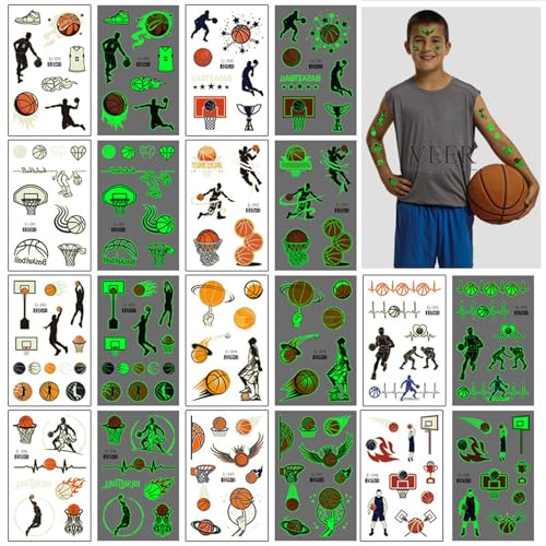 VIKY® Basketball Tattoo Kinder,10 Blätter Leuchttattoos Kinder Jungen Mädchen,Temporäre Kindertattoos Leuchtend,Kinder Tattoo zum Aufkleben,Hautfreundlich Tattoos Kinder für Kindergeburtstag Geschenke von VIKY