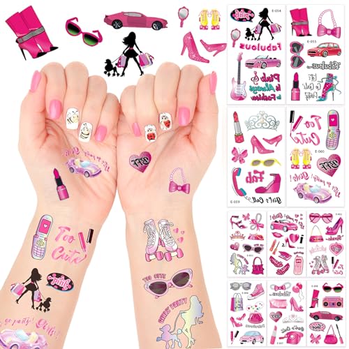 VIKY® Pink Tattoo Kinder Mädchen,10 Blätter Glitzer Tattoos Kinder Hautfreundlich, Prinzessin Geburtstag Deko Kindertattoos, Kinder Tattoo für Geburtstagsdeko Kinder Party, Pink Theme Party Supplies von VIKY