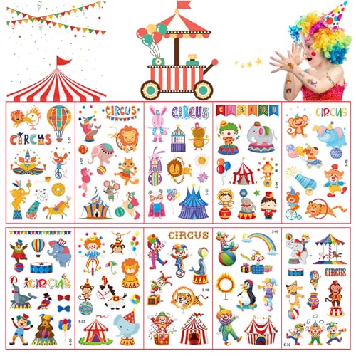 VIKY® Zirkus Tattoo Kinder Set, 10 Blätter Zirkus Deko Kindergeburtstag Tattoos Kinder, Hautfreundliche Kindertattoos Tiere, Kinder Tattoo Mädchen Jungen, Klebetattoos Kinder Geburtstag, Weihnachten von VIKY