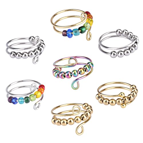 VIKY 7 Stück Verstellbare Anti Stress Ring, Linderung von Ängsten Anxiety Ring mit Perlen, Angst Spinning Ringe für Damen, Offener Spinner Fidget Ringe für Mädchen und Frauen von VIKY