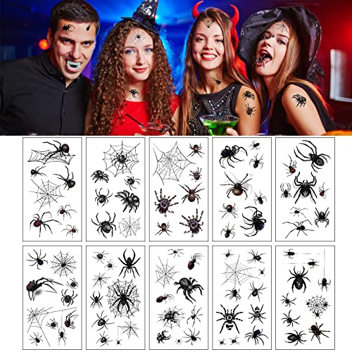 VIKY 10 Blätter Halloween Schwarz Spinnen Tattoos, Fake Tattoos Spinnennetz Gesicht Temporäre Tattoo für Halloween Cosplay Masquerade Klebetattoos von VIKY