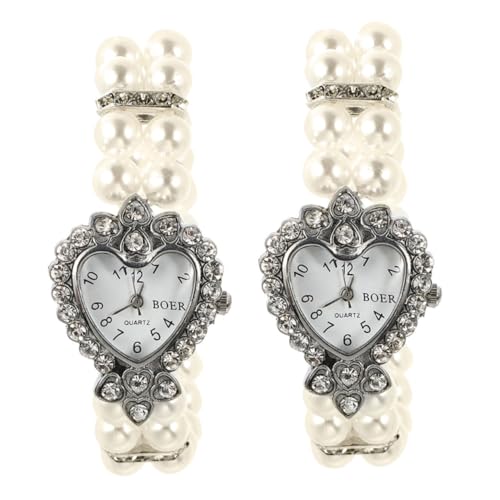 VILLCASE 2stücke Herzförmige Quarzuhr Für Damen Mit -perlenarmband Vintage-Bling-Design Kleinem Elegantem Schmuck Für Handgelenk Und Mode von VILLCASE