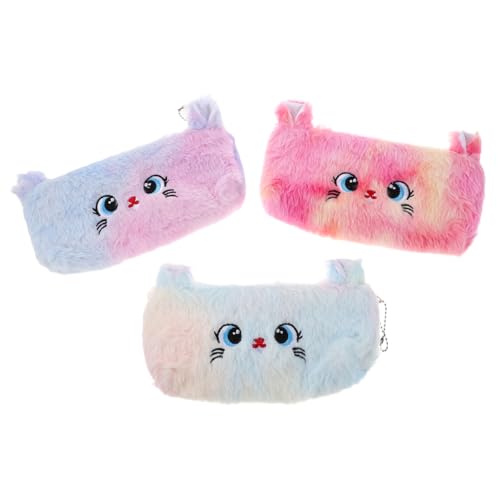VILLCASE 3 Stück Plüsch Katze Federmäppchen mit Reißverschluss Weich Leicht Tragbar Farbverlaufend Multifunktional als Kosmetiktasche Make Up Organizer für Schule Büro Reise von VILLCASE