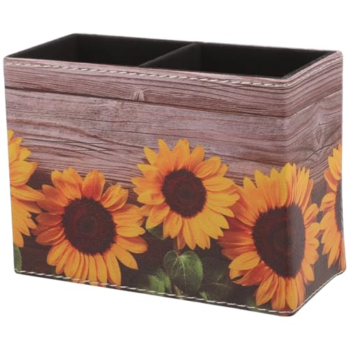 VILLCASE Leder-Stifthalter 2 Fächer Bleistiftbecher Sonnenblumen-Schreibtisch-Stiftehalter Desktop-Organizer Aufbewahrungsbox Fernbedienung Schreibwarenhalter Für Zuhause Büro Tischplatte von VILLCASE