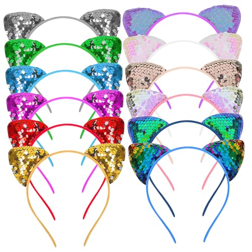 VILLFUL 12 Stück Teiliges Pailletten Katzenohren Stirnband Elastisches Haarzubehör für Damen Bunte Kopfbedeckung für Alltag Cosplay Partys Niedlicher Ohr design Haarreif von VILLFUL