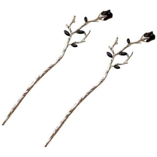 VILLFUL 2 Stück Metall Haarstäbe mit Rosenblüten Langlebige Haarnadeln für Damen Eleganter Retro Haarstab Leichter Kopfschmuck für Stilvolle Duttfrisuren Silberfarbene Blumen Haarschmuck von VILLFUL