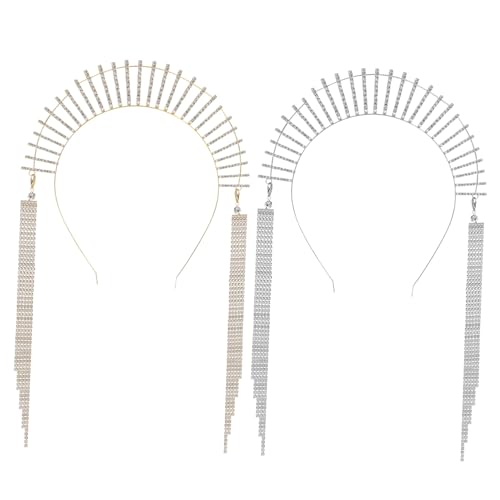 VILLFUL 2 Stück Teiliges Strass Kronen Stirnband mit Quasten Elegante Haarschmuck Damen für Hochzeit Glitzernde Göttin Tiara Headpieces Gold und Silber Einfaches Anlegen von VILLFUL