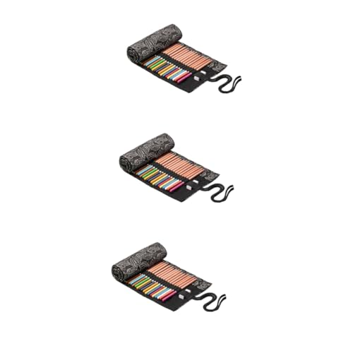 VILLFUL 3stücke Praktische Slots Canvas Bleistiftrolle Große Kapazität Stifte Organizer Für Und Zeichnen Design Mit Schwarzem Blattmuster Für Künstler Und Schüler von VILLFUL
