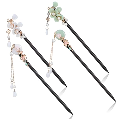VILLFUL 4 Stück Chinesische Haarnadeln aus Holz Teiliges Vintage Haarstäbchen für Lange Haare Langlebig Leicht Verschiedene Blumenstile Einfache Anwendung für Dutt Frisuren für Frauen von VILLFUL